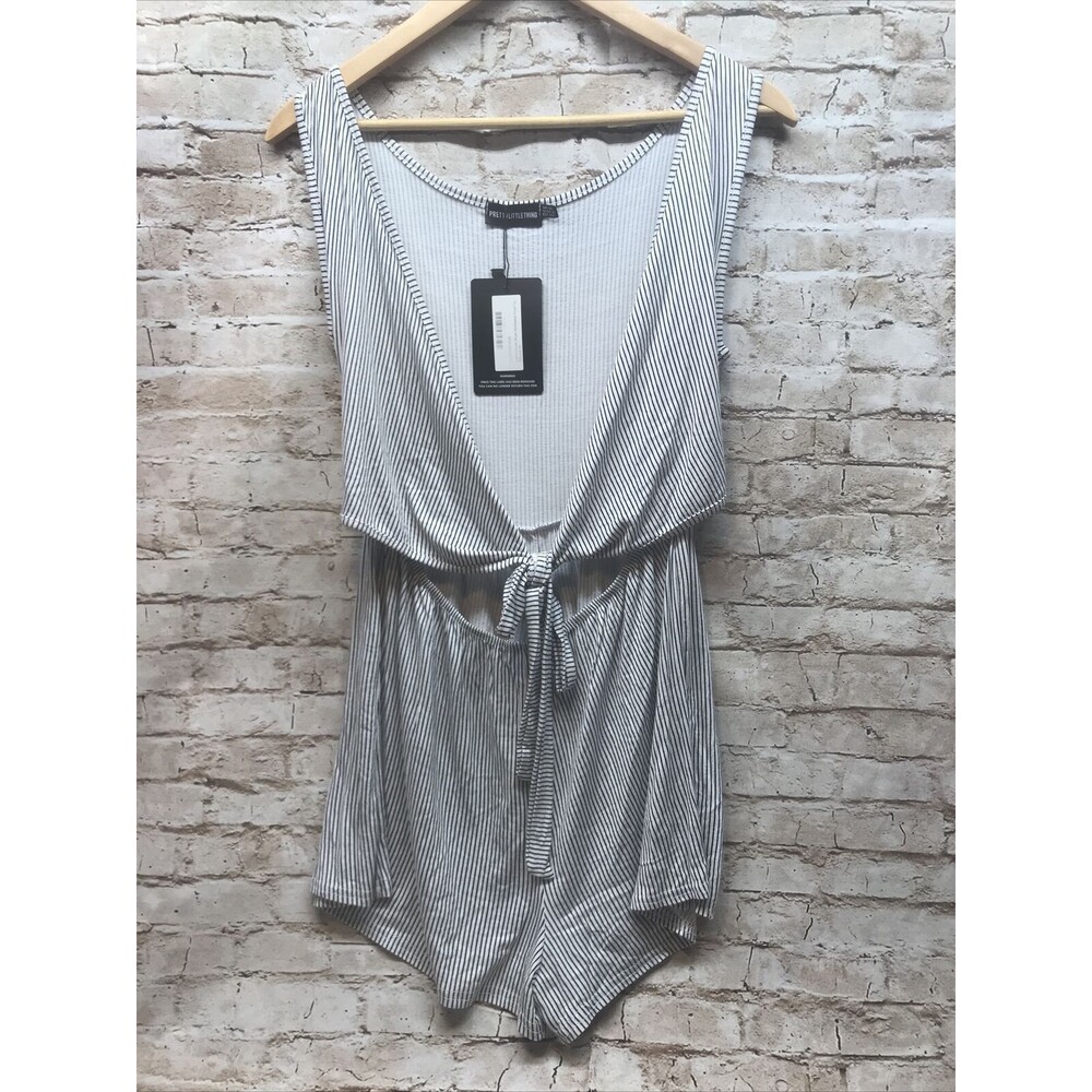 Pretty Little Thing Womens Shorts Romper Size 10 Overall Front-tie Striped
